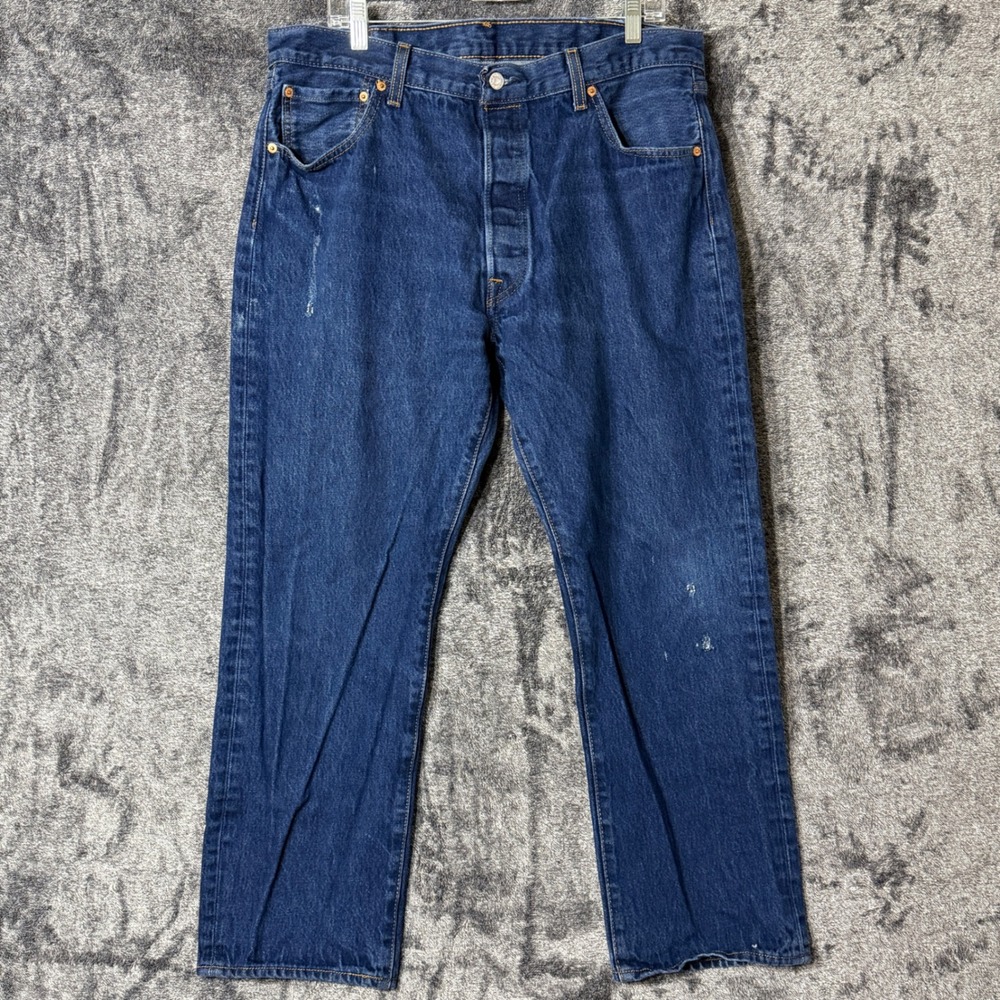 Levi's 501 Mens Jeans 38x30 Straight Leg Button-Fly Dark Wash‎ Denim Distressed